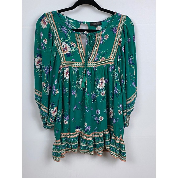Rachel Zoe Blouse Women Size Large Floral Peasant Tassel Tunic Ruffle Boho - Picture 1 of 7